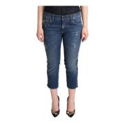 Blå Vasket Mid Waist Denim Logo Cropped Jeans