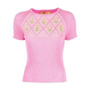 Blomstret broderi strikket top i pink