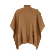 Beige Ribstrikket Uld Blandet Poncho