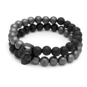 Double Beaded Bracelet with Matte Hematite, Lava Stone and Black Skull