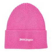 Klassisk Logo Ribstrikket Beanie i Fuchsia