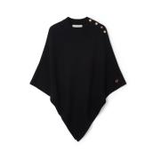 Sort V-Hals Poncho med Gyldne B-Knapper