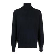 Ribstrikket Højhalset Sweater Blå