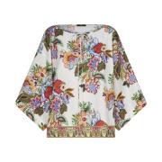 Hvid Kaftan-inspireret Bluse med Buket Print