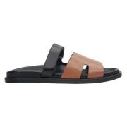 Brun & Sort Læder Slide Sandaler