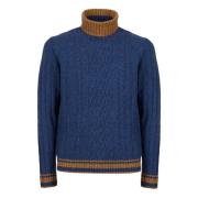 Blå Turtleneck Sweater i Aran-strikket uld