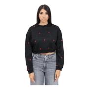 Sort Crewneck Sweatshirt med Hjerte Broderi