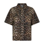 Leopard Print Denim Skjorte Tiki Bluse