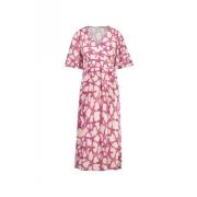 Elegant Hvid Pink Print Midi Kjole