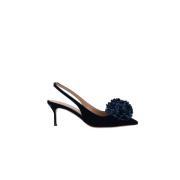 Blå Velvet Slingback Pumps med Pom-Pom