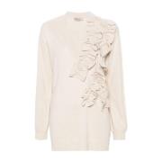 Beige Strikket Ruffled V-Hals Kjole