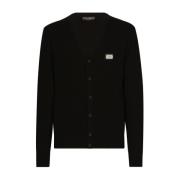 Sort V-hals Cardigan med Logo Plaque