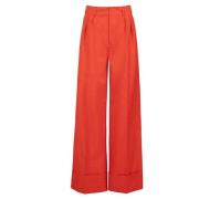 Cherry Red Wide-leg Cuffed Pants