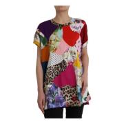 Multifarvet Patchwork Silke Bomuld Bluse Top