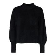 Høj Hals Sort Sweater Fuzzy Garn