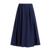 Navy Blue Cotton Midi Nederdel