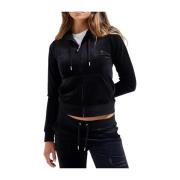 Sort Velour Zip Hoodie med Juvel Detalje