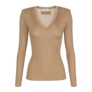 Ribbet V-hals Sweater Brun