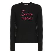 Sort Crew Neck Sweater med Nera Broderi