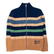 Stribet Kabelstrik Cardigan i Navy/Kamille