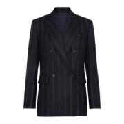 Blå Pinstripe Dobbelt-Brygget Blazer Jakke