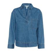 Denim bluse med krave og lomme