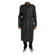 Sort Vandtæt Læder Trench Coat Jakke