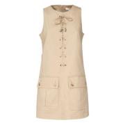 Beige Mini Pinafore Kjole med Snørebånd