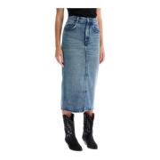 Denim midi nederdel med frontslids