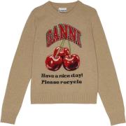 Ganni Graphic Wool Mix Cherry Crewneck Kvinde Safari Sweaters Str L - ...