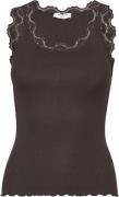 Rosemunde Silk top w/ Lace Kvinde Dark Espresso Toppe Str L - hos Maga...