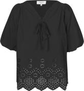 Rosemunde Cotton Blouse w/ Embroidery Kvinde Black Kortærmede Bluser S...