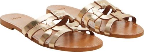 MANGO Leather Straps Sandals Kvinde Gold Flade Sandaler Str 39 - Læder...