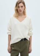 MANGO Vneck Knit Sweater Kvinde Light Beige Sweaters Str XL - hos Maga...