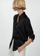 MANGO Satin Finish Flowy Shirt Kvinde Black Langærmede Skjorter Str XX...